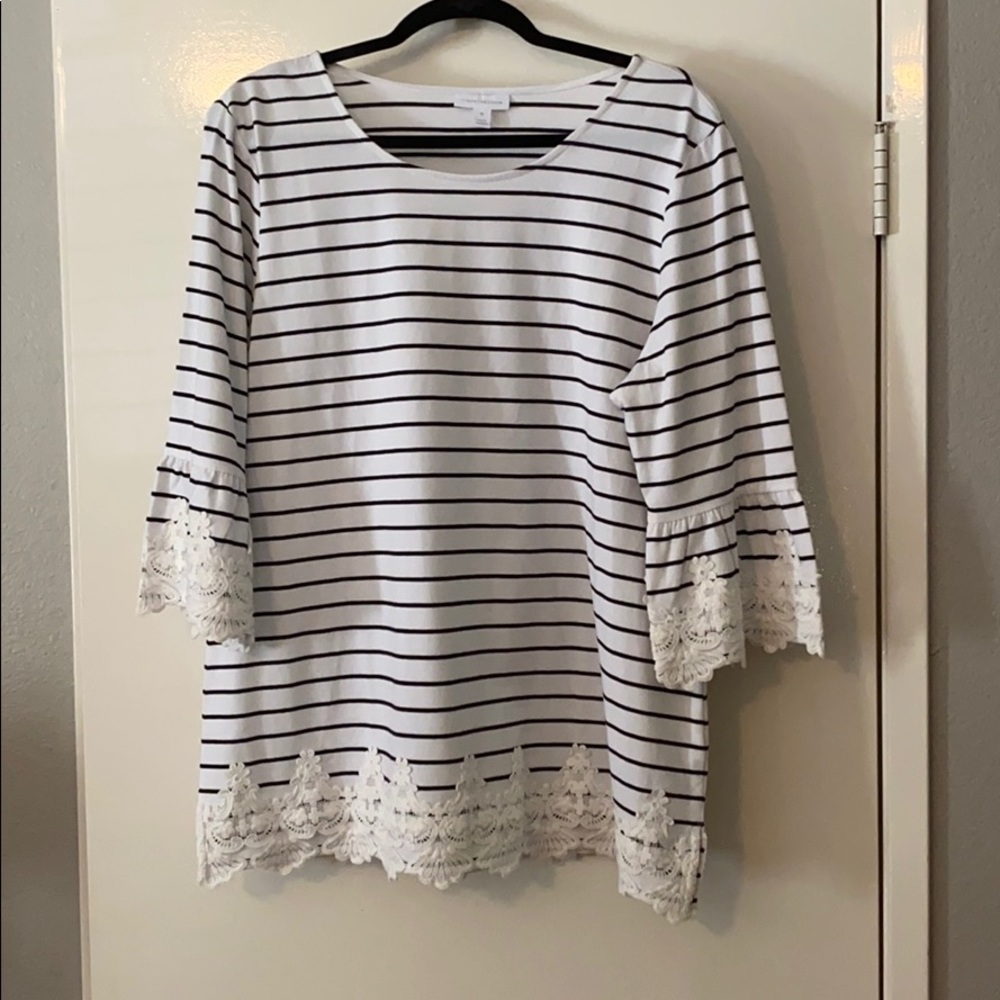 Black and white stripe flutter sleeve top w/ lace